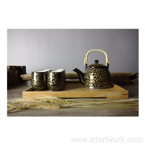 Chinese teapot suit black gold peony